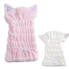 【ピンク+ホワイト】可愛い猫耳デザインのタオルキャップ