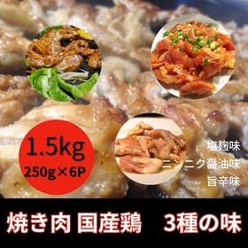 【計1.5kg/250g×6パック】国産鶏もも3種 焼き肉セット（塩麹・にんにく醤油・旨辛） | 3種類の味が楽しめる！厳選国産鶏もも肉を焼き肉/BBQで！