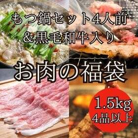 【計1.5kg4品以上】お肉の福袋（もつ鍋セット4人前＋黒毛和牛含む焼き肉6人前） | 国産牛もつ鍋4人前と黒毛和牛が入る計1.5kg超お得な福袋！