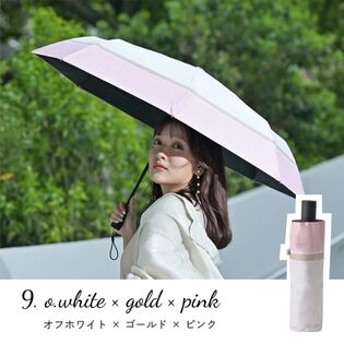 【オフホワイト×ゴールド×ピンク】晴雨兼用折りたたみ日傘【使いやすいワンタッチ】