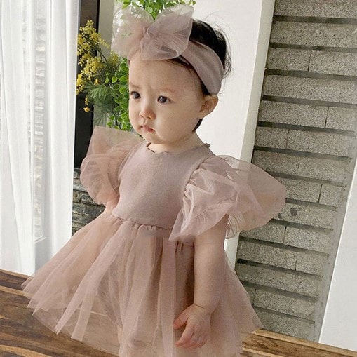 【ブラウンピンク・80】半袖 赤ちゃんドレス ベビードレス 結婚式