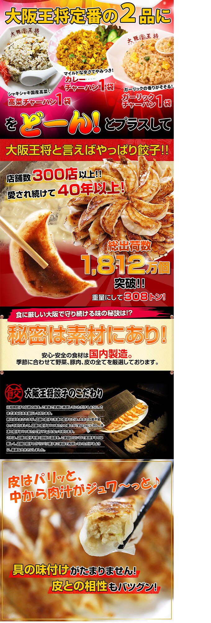 大阪王将公式通販｜【日替数量限定】【計2.2kg超え！】裏ミラクルセット！餃子50個＆炒飯計6袋(炒め・豚カルビ・カレー・ガーリック)【先行チケット利用NG】｜  ちょっプル ｜ dショッピング サンプル百貨店